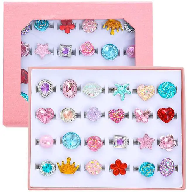 Main image of 24pcs Little Girl Jewel Rings, Adjustable, No Duplication Kids Play Ring in Box,Pretend Play and Dress Up Rings for 4-12 Year Old Girl Birthday Christmas Gifts,3 4 5 6 7 8 9 10 11 12 Year Old