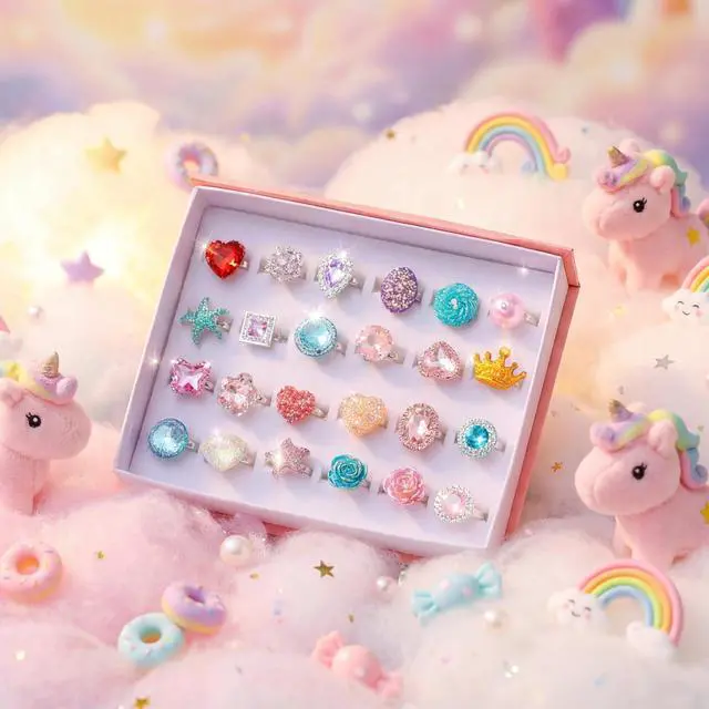 Alt view image 2 of 7 - 24pcs Little Girl Jewel Rings, Adjustable, No Duplication Kids Play Ring in Box,Pretend Play and Dress Up Rings for 4-12 Year Old Girl Birthday Christmas Gifts,3 4 5 6 7 8 9 10 11 12 Year Old