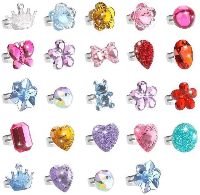 Main image of 24 pcs Girls Crystal Adjustable Rings, Princess Jewelry Finger Rings with Heart Shape Box, Girl Pretend Play and Dress up Rings for Children Kids Little Girls - Random