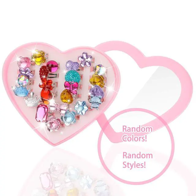 Alt view image 2 of 7 - 24 pcs Girls Crystal Adjustable Rings, Princess Jewelry Finger Rings with Heart Shape Box, Girl Pretend Play and Dress up Rings for Children Kids Little Girls - Random