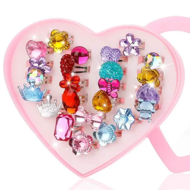 Alt view image 3 of 7 - 24 pcs Girls Crystal Adjustable Rings, Princess Jewelry Finger Rings with Heart Shape Box, Girl Pretend Play and Dress up Rings for Children Kids Little Girls - Random