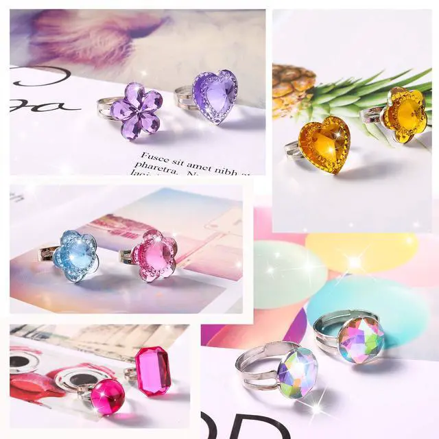 Alt view image 6 of 7 - 24 pcs Girls Crystal Adjustable Rings, Princess Jewelry Finger Rings with Heart Shape Box, Girl Pretend Play and Dress up Rings for Children Kids Little Girls - Random