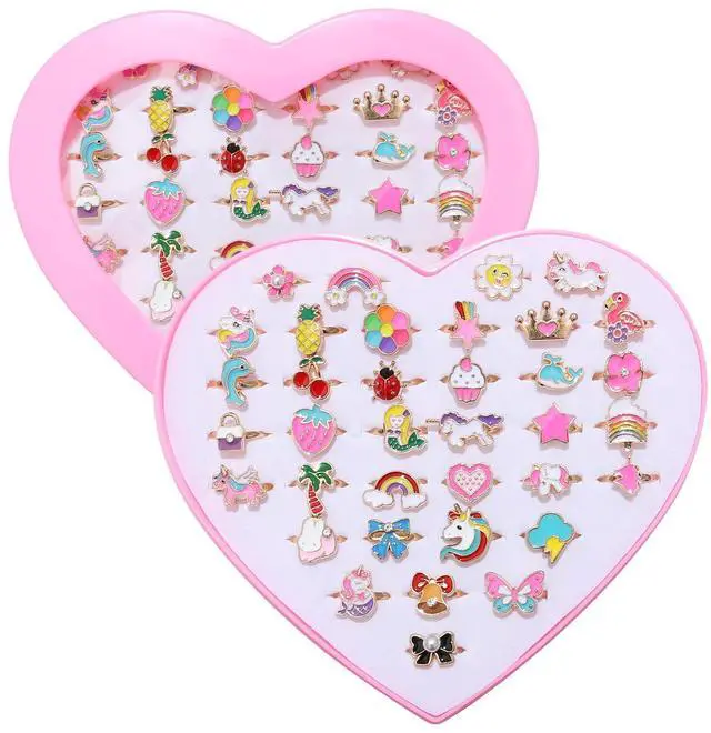 Main image of 36pcs Little Girl Alloy Jewelry Rings, Adjustable Unicorn Rings Toys, No Duplication Kids Play Ring in Box,Dress Up for 4-12 Year Old Girls