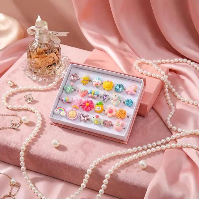 Alt view image 2 of 7 - 24pcs Little Girl Jewel Rings, Adjustable, No Duplication Kids Play Ring in Box,Pretend Play and Dress Up Rings for 4-12 Year Old Girl Birthday Christmas Holiday Gifts