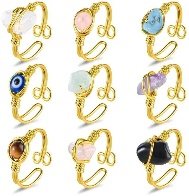 Main image of 9PCS Crystal Ring Adjustable Wire Wrapped Ring Gemstone Rings Set