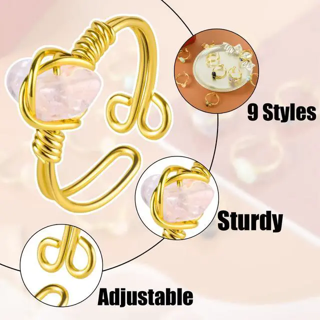 Alt view image 3 of 6 - 9PCS Crystal Ring Adjustable Wire Wrapped Ring Gemstone Rings Set