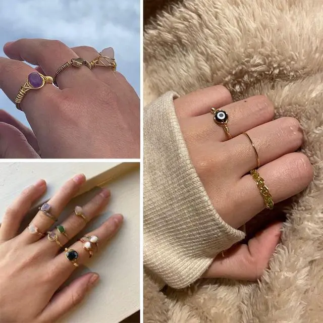 Alt view image 2 of 6 - 9PCS Crystal Ring Adjustable Wire Wrapped Ring Gemstone Rings Set