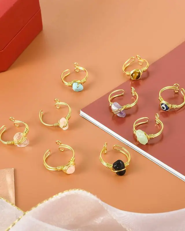 Alt view image 4 of 6 - 9PCS Crystal Ring Adjustable Wire Wrapped Ring Gemstone Rings Set