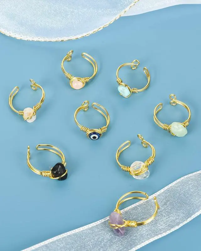 Alt view image 6 of 6 - 9PCS Crystal Ring Adjustable Wire Wrapped Ring Gemstone Rings Set