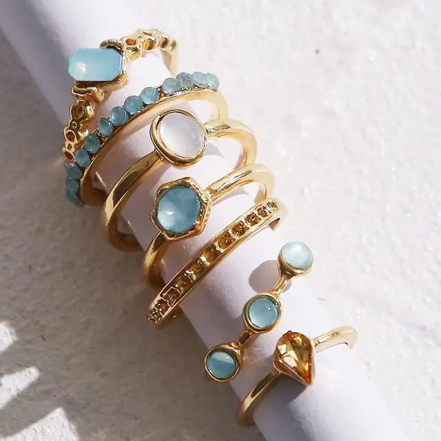 Alt view image 3 of 7 - Boho Vintage Crystal Ring Set, Rhinestone Knuckle Rings for Women, Gold Silver Bohemian Stackable Joint Midi Multiple Rings (Gold)