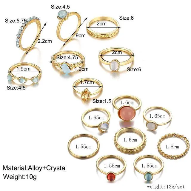 Alt view image 4 of 7 - Boho Vintage Crystal Ring Set, Rhinestone Knuckle Rings for Women, Gold Silver Bohemian Stackable Joint Midi Multiple Rings (Gold)