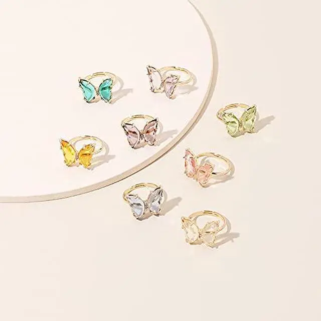 Alt view image 2 of 4 - 8 Pcs Gold Plated 3D Butterfly Rings Acrylic Adjustable Open Colorful Crystal Bowknot Shaped Band Rings for Women Finger Jewelry (transparent)