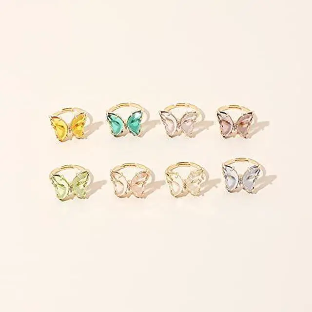 Alt view image 3 of 4 - 8 Pcs Gold Plated 3D Butterfly Rings Acrylic Adjustable Open Colorful Crystal Bowknot Shaped Band Rings for Women Finger Jewelry (transparent)