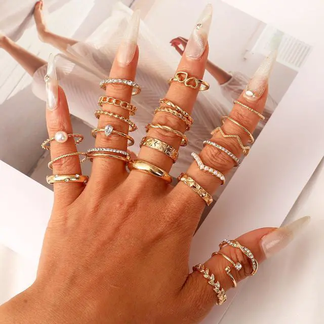 Alt view image 4 of 7 - 43Pcs Gold Knuckle Rings Set For Women Stackable Joint Finger Midi Rings Dainty Cubic Crystal Zirconia Simple Hollow Twist Cute Rings Pack Jewelry Gift