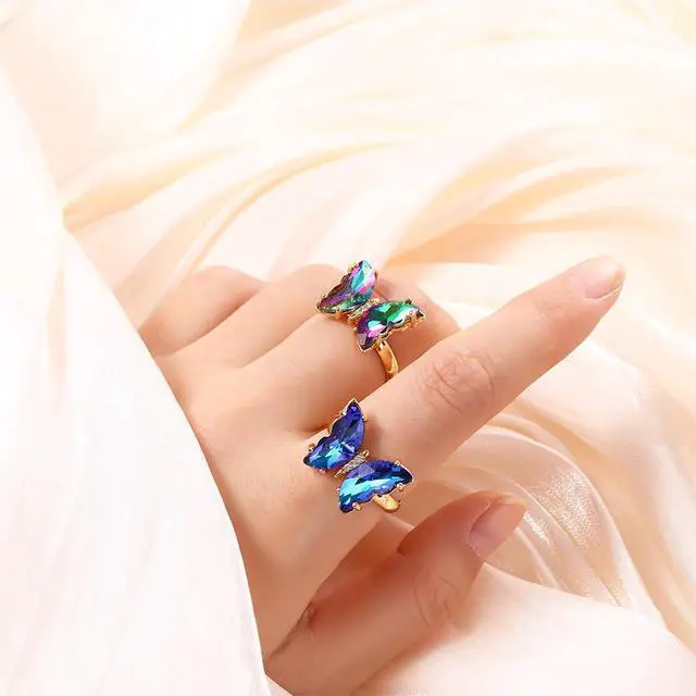 Alt view image 5 of 6 - 4pcs Colorful Crystal Butterfly Ring,Vintage Bohemian Acrylic Butterfly Knuckle Rings Set,Adjustable Open Colorful Crystal Open Cuff Ring