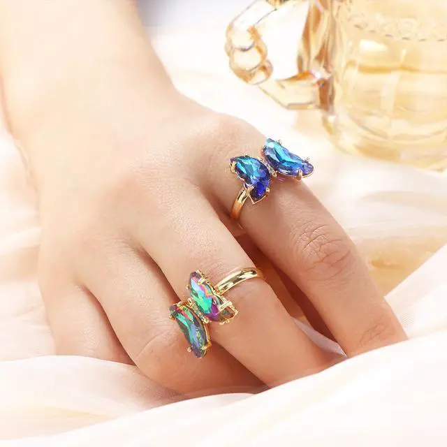 Alt view image 6 of 6 - 4pcs Colorful Crystal Butterfly Ring,Vintage Bohemian Acrylic Butterfly Knuckle Rings Set,Adjustable Open Colorful Crystal Open Cuff Ring