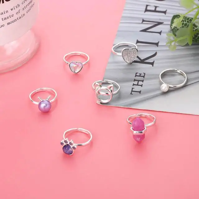 Alt view image 3 of 7 - 7 Pieces Cute Rings for Women Crystal Ring Pretend Play and Dress up Rings Adjustable Ring Jewelry Gift for Women