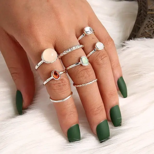 Alt view image 2 of 7 - Boho Vintage Crystal Ring Set, Rhinestone Knuckle Rings for Women, Gold Silver, Bohemian Stackable Joint Midi Multiple Rings (Silver)