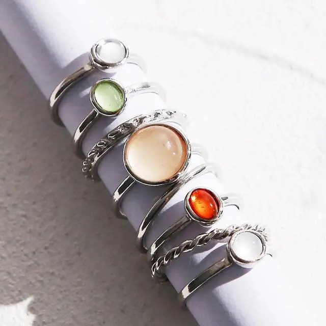 Alt view image 4 of 7 - Boho Vintage Crystal Ring Set, Rhinestone Knuckle Rings for Women, Gold Silver, Bohemian Stackable Joint Midi Multiple Rings (Silver)