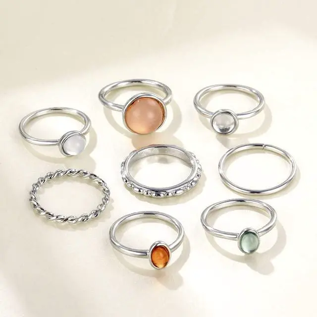 Alt view image 3 of 7 - Boho Vintage Crystal Ring Set, Rhinestone Knuckle Rings for Women, Gold Silver, Bohemian Stackable Joint Midi Multiple Rings (Silver)
