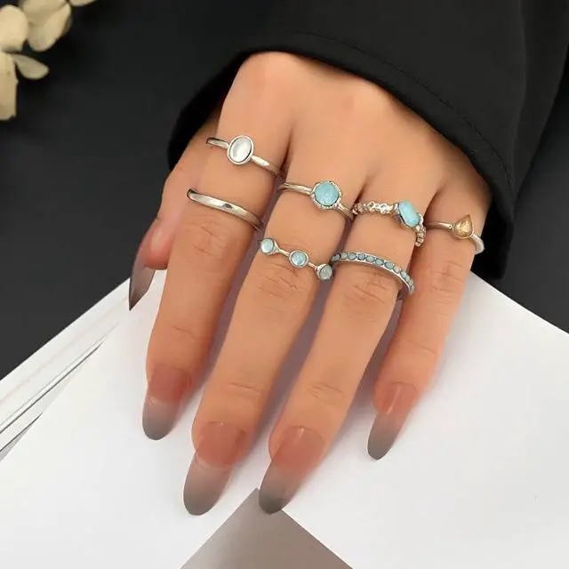 Alt view image 7 of 7 - Boho Vintage Crystal Ring Set, Rhinestone Knuckle Rings for Women, Gold Silver, Bohemian Stackable Joint Midi Multiple Rings (Silver)