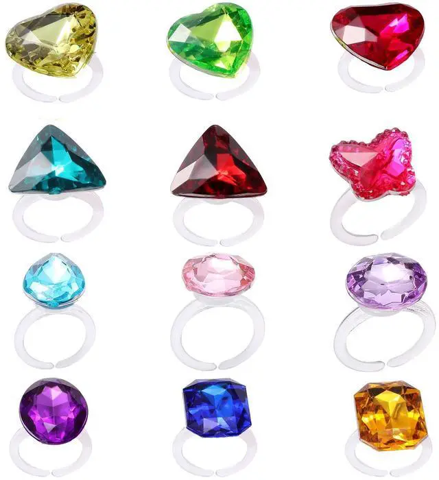 Main image of Little Girl Jewel Rings Kids Gift Play Rings in Multiple Shapes and Colors Princess Pretend Play Jewels Box Packed 12pcs
