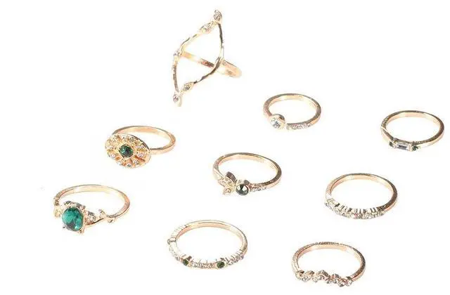 Main image of Vintage Gold Silver Ring Set Green Blue Gem Rings Set Craved Rings Set Joint Knuckle Ring Set Finger Rings Stackable Retro Mid Rings for Women Girls - 9 Pcs Green