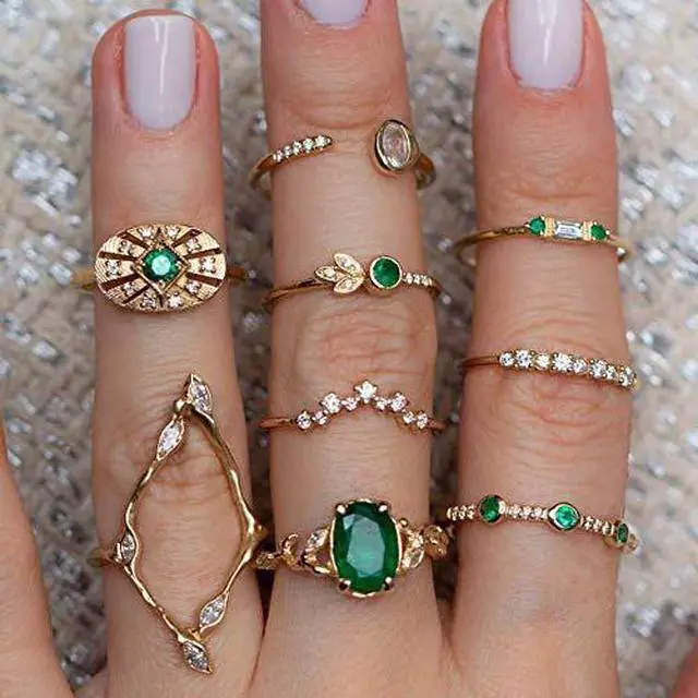 Alt view image 2 of 6 - Vintage Gold Silver Ring Set Green Blue Gem Rings Set Craved Rings Set Joint Knuckle Ring Set Finger Rings Stackable Retro Mid Rings for Women Girls - 9 Pcs Green