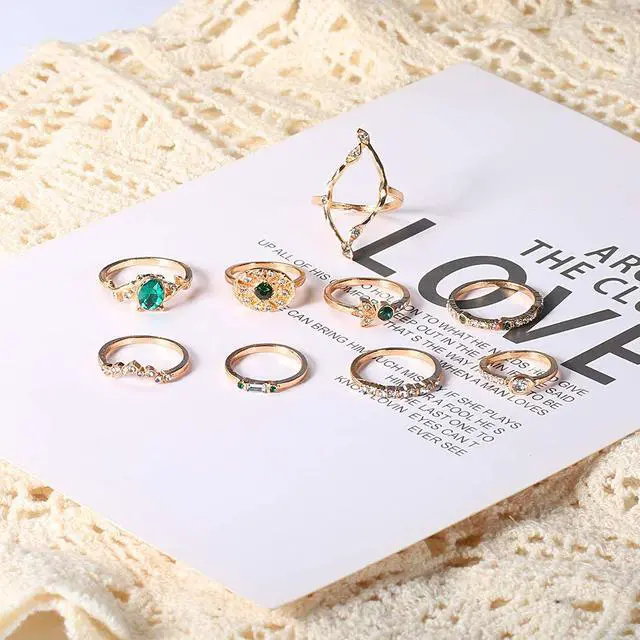 Alt view image 4 of 6 - Vintage Gold Silver Ring Set Green Blue Gem Rings Set Craved Rings Set Joint Knuckle Ring Set Finger Rings Stackable Retro Mid Rings for Women Girls - 9 Pcs Green
