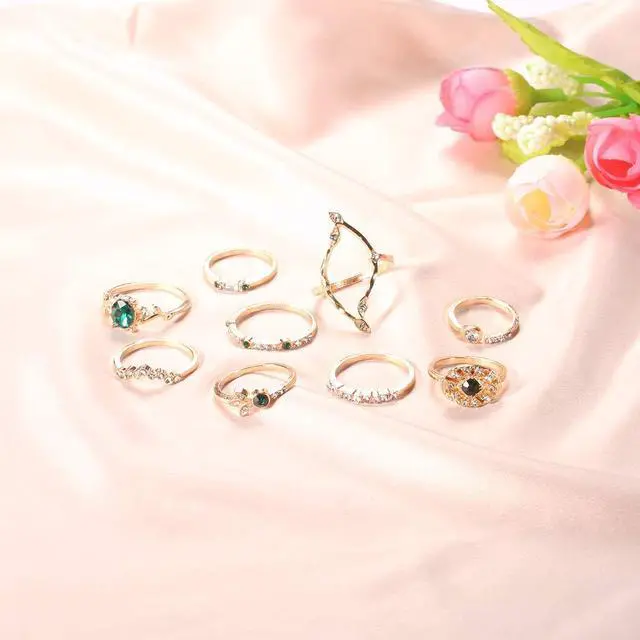 Alt view image 3 of 6 - Vintage Gold Silver Ring Set Green Blue Gem Rings Set Craved Rings Set Joint Knuckle Ring Set Finger Rings Stackable Retro Mid Rings for Women Girls - 9 Pcs Green