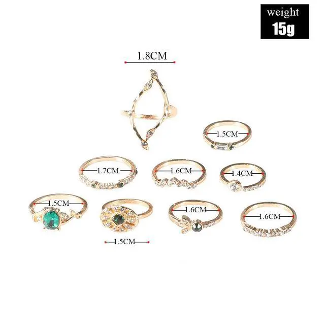 Alt view image 6 of 6 - Vintage Gold Silver Ring Set Green Blue Gem Rings Set Craved Rings Set Joint Knuckle Ring Set Finger Rings Stackable Retro Mid Rings for Women Girls - 9 Pcs Green