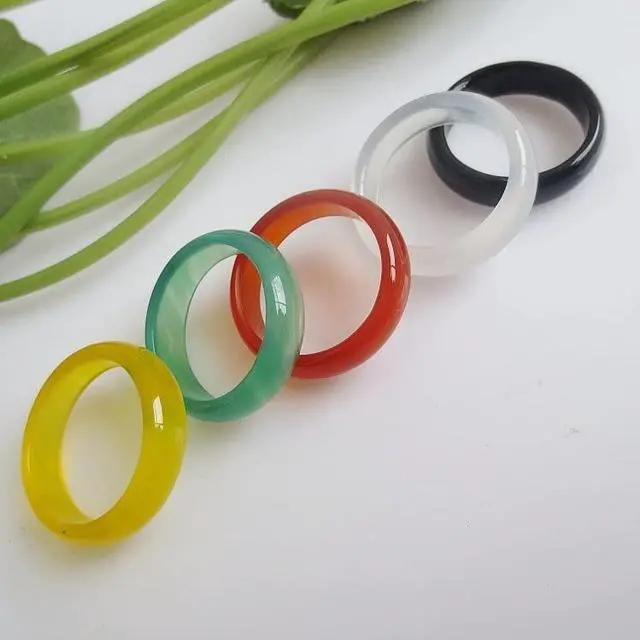 Alt view image 2 of 3 - 5Pcs Gemstone Band Ring Set Multicolor Natural Green Jade Rings Gemstone Eternity Stackable Ring Carnelian Crystal Rings 6mm Width Colorful Crystal Rings for ?Size 6.5-7#?