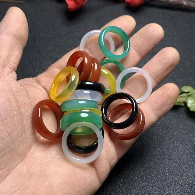 Alt view image 3 of 3 - 5Pcs Gemstone Band Ring Set Multicolor Natural Green Jade Rings Gemstone Eternity Stackable Ring Carnelian Crystal Rings 6mm Width Colorful Crystal Rings for ?Size 6.5-7#?