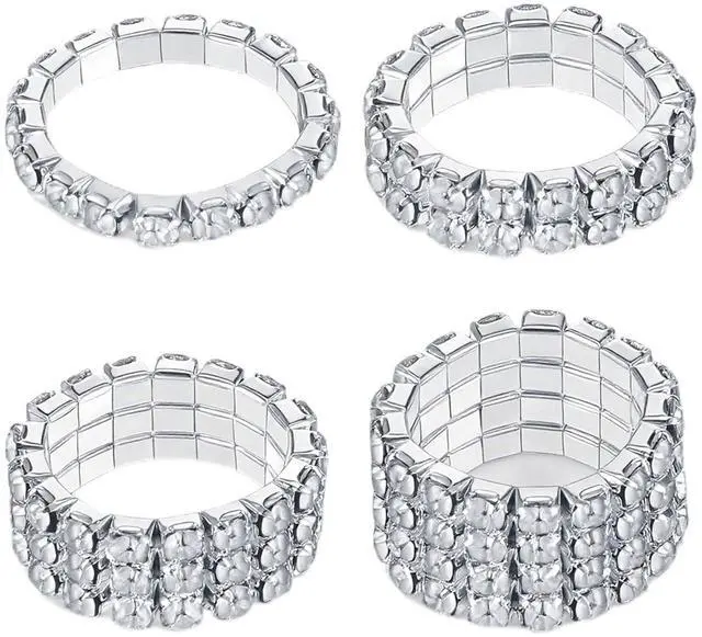 Main image of 4 Pcs Rhinestone Stretch Rings, Stackable Stretchy Rings for Women, Sparkling Crystal Ring Silver Diamond Ring for Party Prom Wedding Jewelry Valentine's Day Gift Accessories
