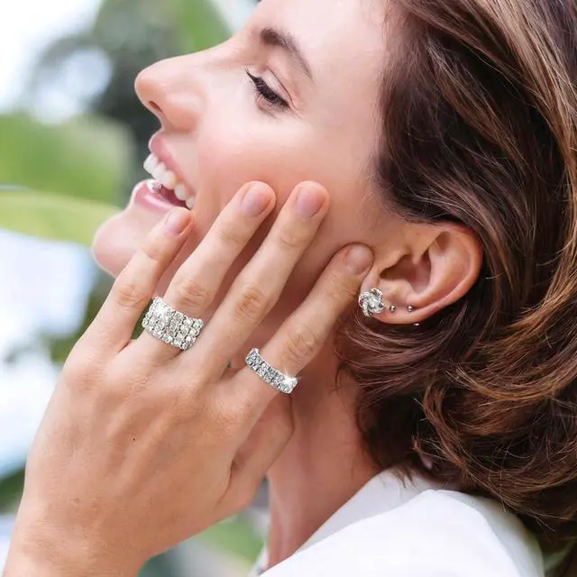 Alt view image 2 of 7 - 4 Pcs Rhinestone Stretch Rings, Stackable Stretchy Rings for Women, Sparkling Crystal Ring Silver Diamond Ring for Party Prom Wedding Jewelry Valentine's Day Gift Accessories