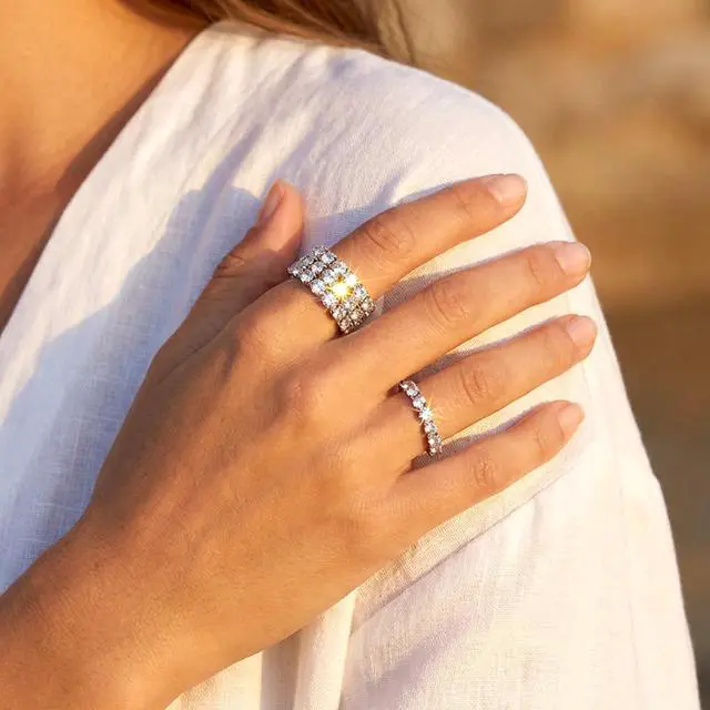 Alt view image 4 of 7 - 4 Pcs Rhinestone Stretch Rings, Stackable Stretchy Rings for Women, Sparkling Crystal Ring Silver Diamond Ring for Party Prom Wedding Jewelry Valentine's Day Gift Accessories