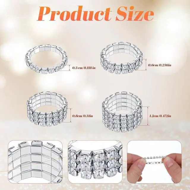 Alt view image 5 of 7 - 4 Pcs Rhinestone Stretch Rings, Stackable Stretchy Rings for Women, Sparkling Crystal Ring Silver Diamond Ring for Party Prom Wedding Jewelry Valentine's Day Gift Accessories