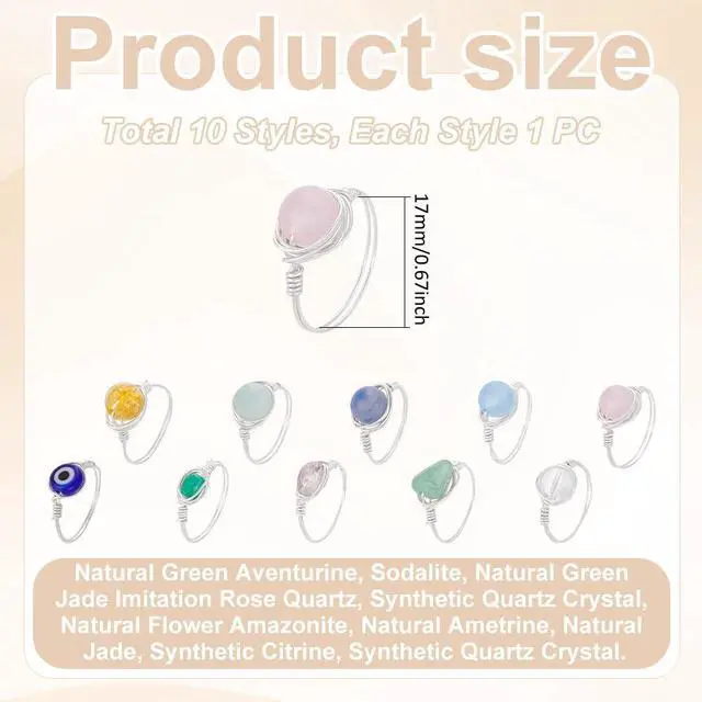 Alt view image 3 of 5 - 10Pcs Chakra Crystal Rings 10 Styles Gemstone Rings Copper Wire Wrapped Ring Irregular Colorful Gem Ring for Women(Sliver)