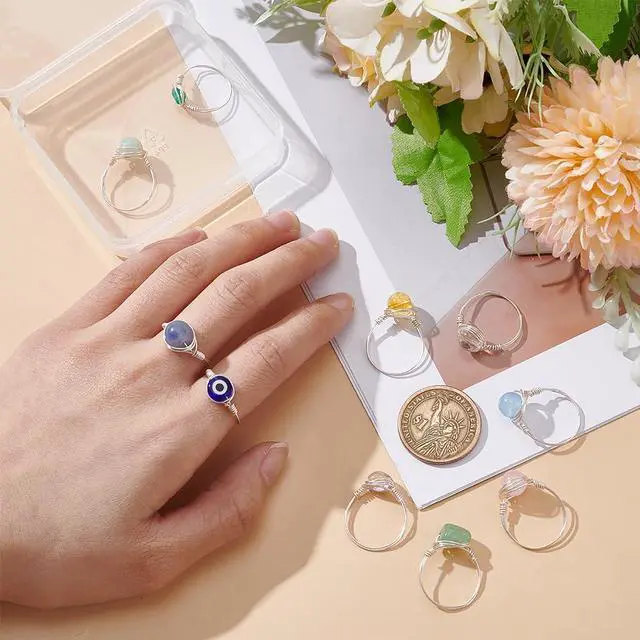Alt view image 4 of 5 - 10Pcs Chakra Crystal Rings 10 Styles Gemstone Rings Copper Wire Wrapped Ring Irregular Colorful Gem Ring for Women(Sliver)