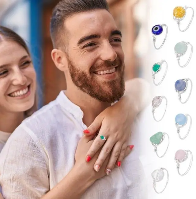 Alt view image 5 of 5 - 10Pcs Chakra Crystal Rings 10 Styles Gemstone Rings Copper Wire Wrapped Ring Irregular Colorful Gem Ring for Women(Sliver)