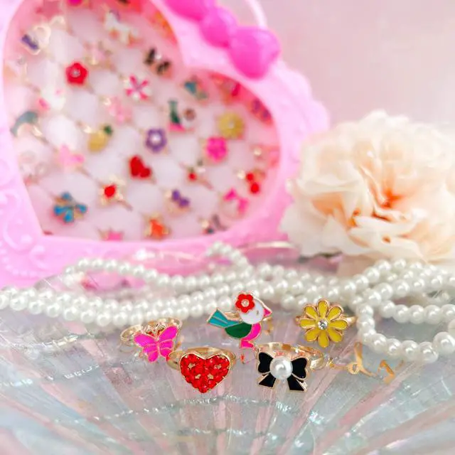 Alt view image 2 of 4 - 36pcs Children Kids Little Girl Adjustable Jewelry Rings in Box, Girl Pretend Play and Dress Up Rings with Heart Shape Display Case