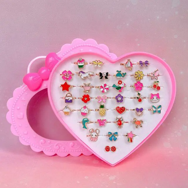 Alt view image 3 of 4 - 36pcs Children Kids Little Girl Adjustable Jewelry Rings in Box, Girl Pretend Play and Dress Up Rings with Heart Shape Display Case