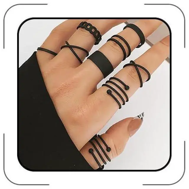 Main image of Black Rings for Women, Vintage Stackable Black Knuckle Rings Set Girls Midi Rings Boho Crystal Pearl Sea Wave Finger Ring Pack (E-black-9pcs)