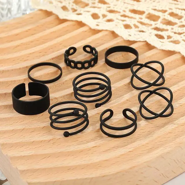 Alt view image 2 of 7 - Black Rings for Women, Vintage Stackable Black Knuckle Rings Set Girls Midi Rings Boho Crystal Pearl Sea Wave Finger Ring Pack (E-black-9pcs)