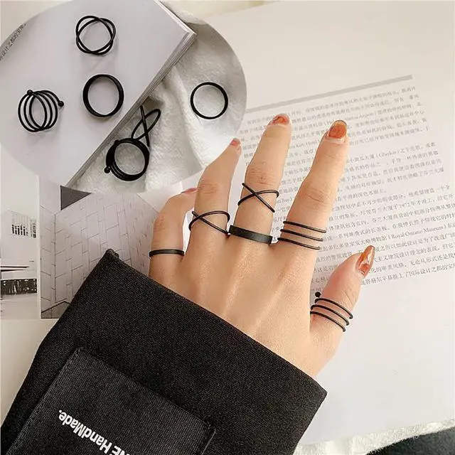 Alt view image 3 of 7 - Black Rings for Women, Vintage Stackable Black Knuckle Rings Set Girls Midi Rings Boho Crystal Pearl Sea Wave Finger Ring Pack (E-black-9pcs)
