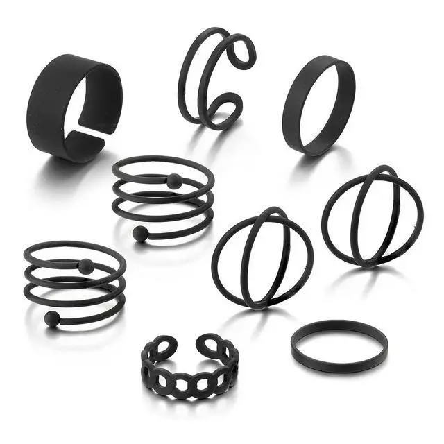 Alt view image 5 of 7 - Black Rings for Women, Vintage Stackable Black Knuckle Rings Set Girls Midi Rings Boho Crystal Pearl Sea Wave Finger Ring Pack (E-black-9pcs)