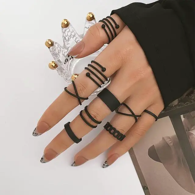 Alt view image 6 of 7 - Black Rings for Women, Vintage Stackable Black Knuckle Rings Set Girls Midi Rings Boho Crystal Pearl Sea Wave Finger Ring Pack (E-black-9pcs)