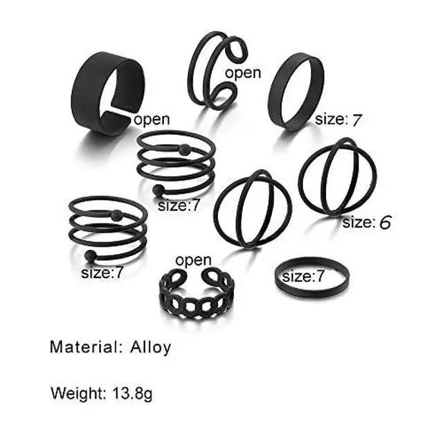 Alt view image 7 of 7 - Black Rings for Women, Vintage Stackable Black Knuckle Rings Set Girls Midi Rings Boho Crystal Pearl Sea Wave Finger Ring Pack (E-black-9pcs)