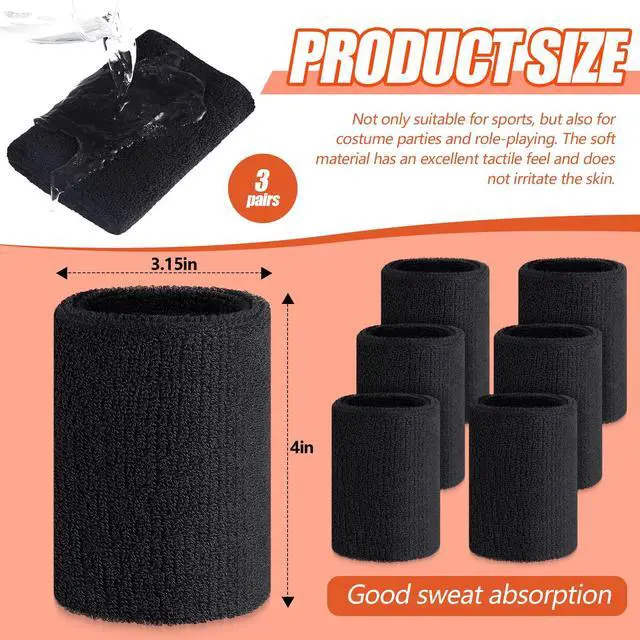 Alt view image 2 of 6 - 6 Pcs 4 Inch Cotton Elastic Wrist Bands for Sports, Gymnastics, Tennis, Football, Hiking, Cycling, Running (Black, about 4 x 3.15 inches, 10 x 8 cm)