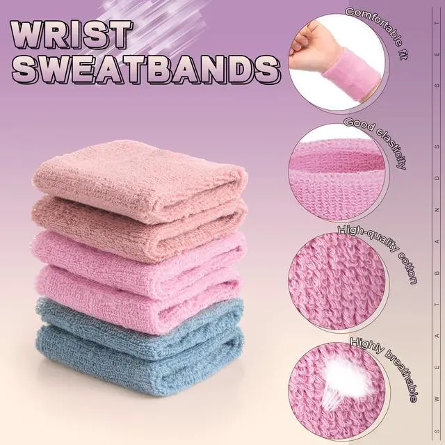 Alt view image 4 of 6 - Sweat Band Wrist Tennis Wristband for Women Men Athletic Wrist Sweatbands Thick Cotton Cloth 80s Wristband for Basketball Tennis Football Running and Work(Flesh Pink, Pink, Dark Blue)